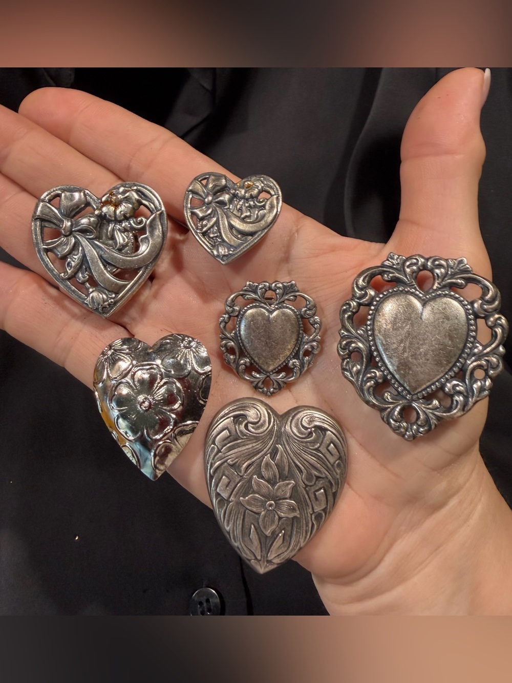 Vintage Ornate 80’s 90’s Silvertone Mixed Heart Design Button Covers “AS IS” 6 P